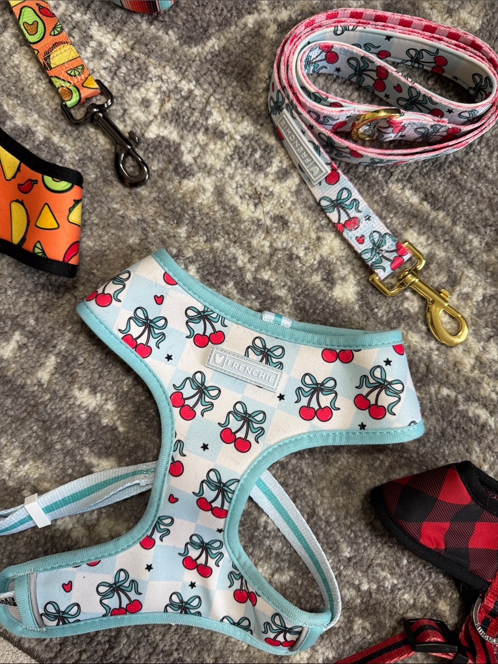 Frenchie Bulldog Cherry Print and Plaid Light Blue Reversible Harness and Leash